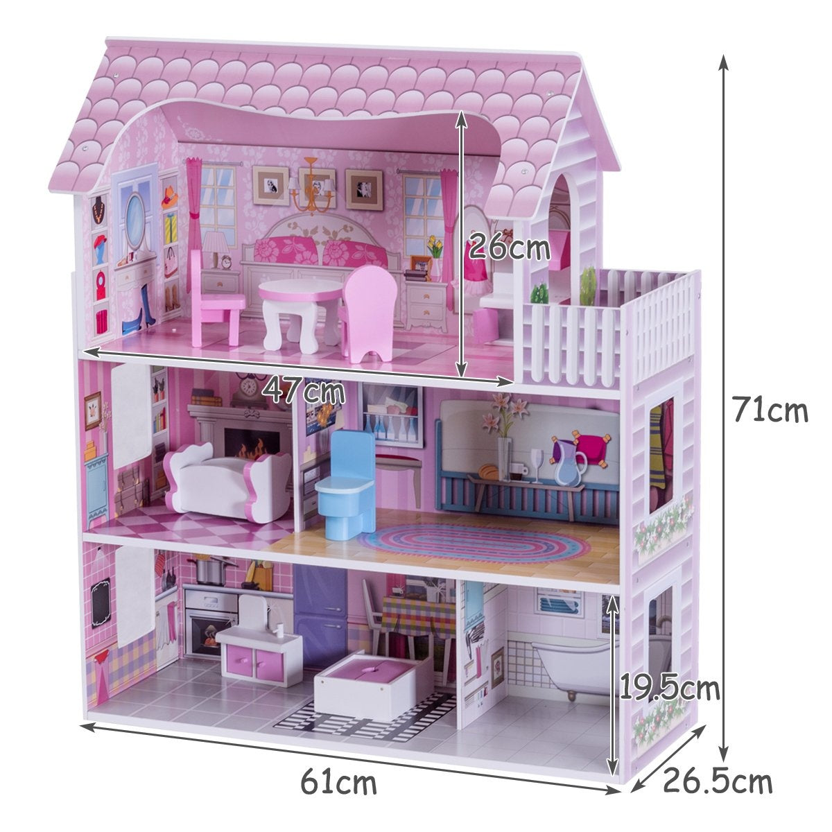 3 tier wooden dollhouse dollhouse with furniture & accessories doll villa girl pink