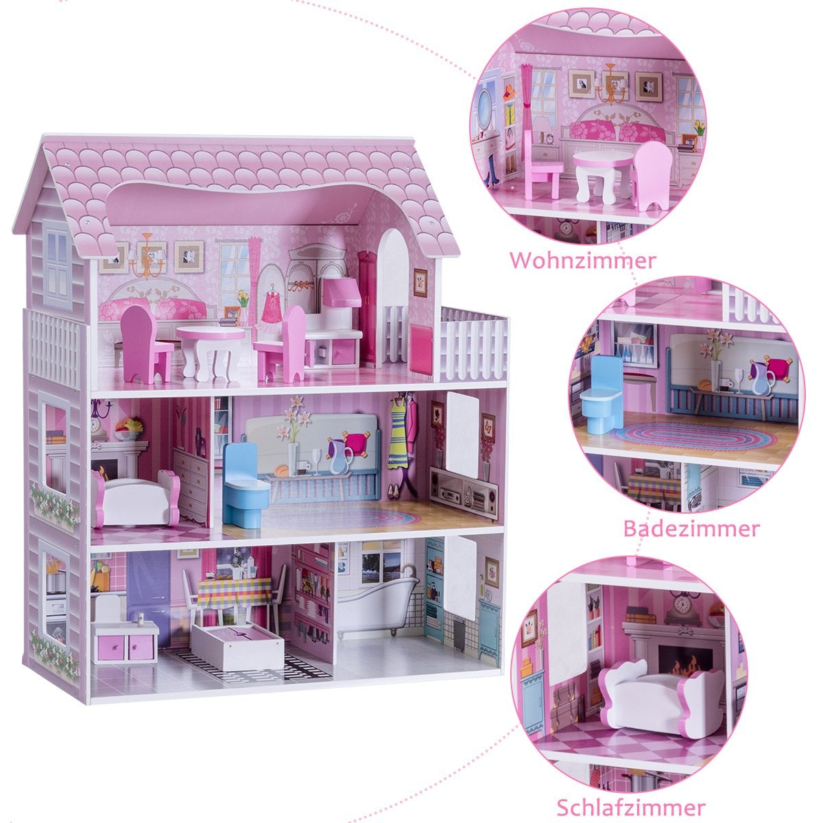 3 tier wooden dollhouse dollhouse with furniture & accessories doll villa girl pink