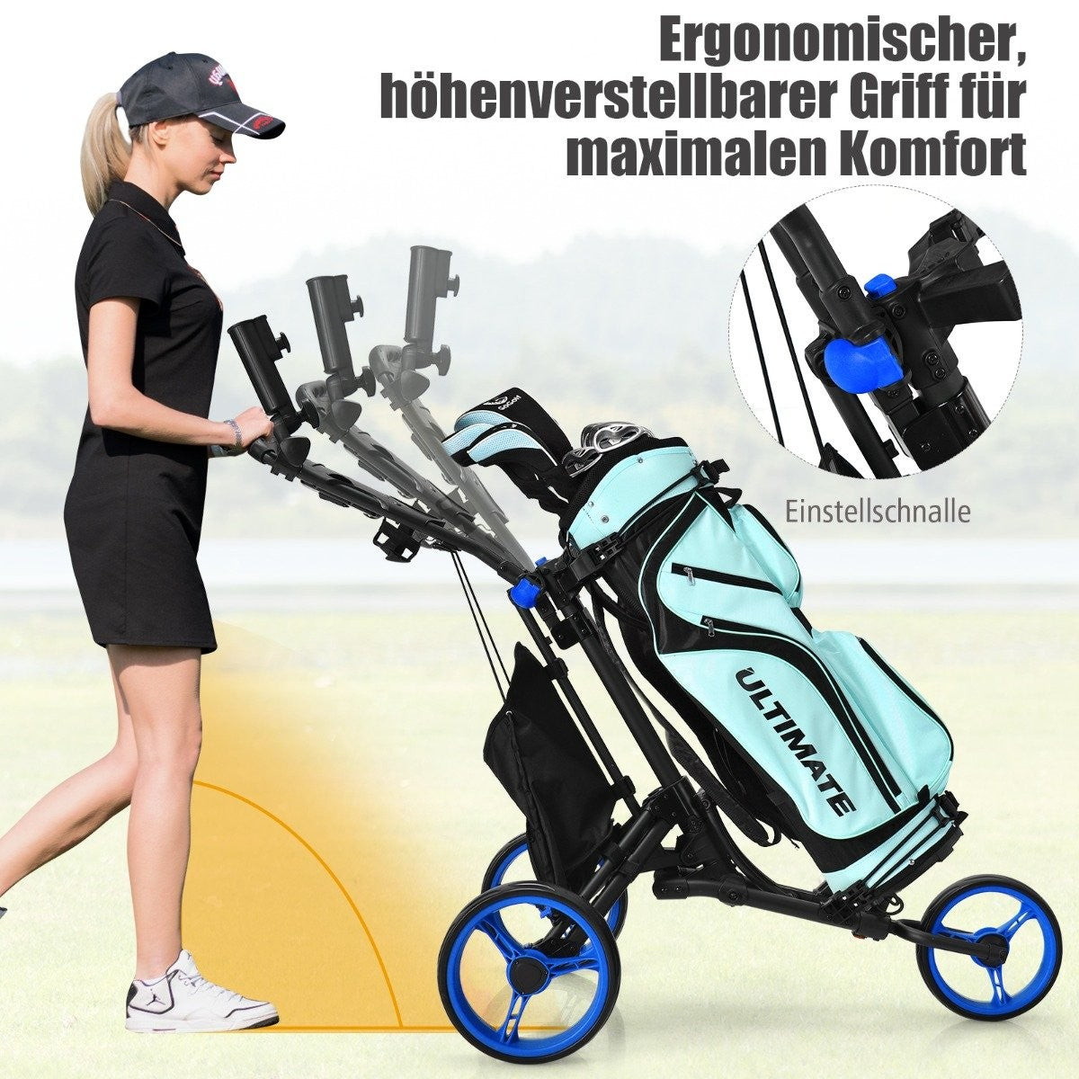 3-wheel folding golf trolley with scoreboard & umbrella & T-piece holder black + blue