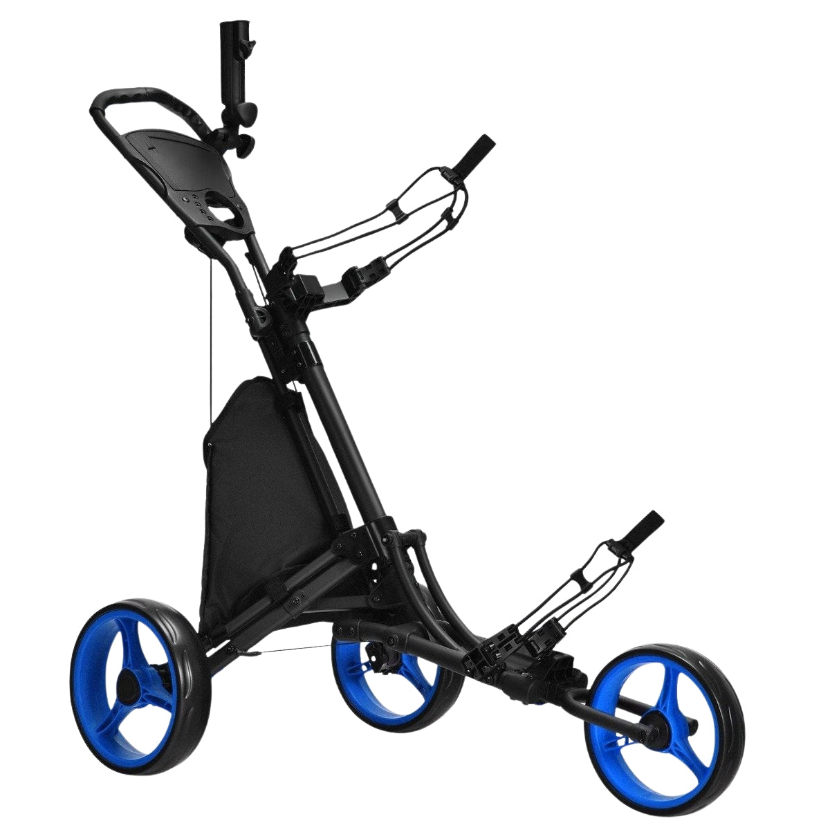 3-wheel folding golf trolley with scoreboard & umbrella & T-piece holder black + blue