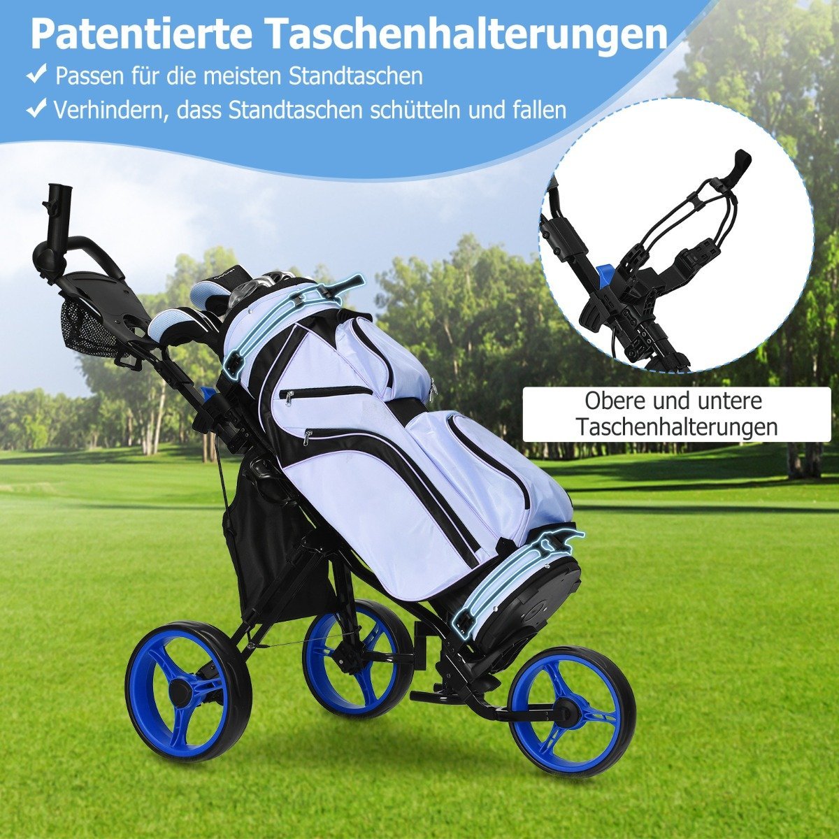 3 wheel golf trolley made of aluminum with umbrella holder & seat folding golf cart golf caddy blue