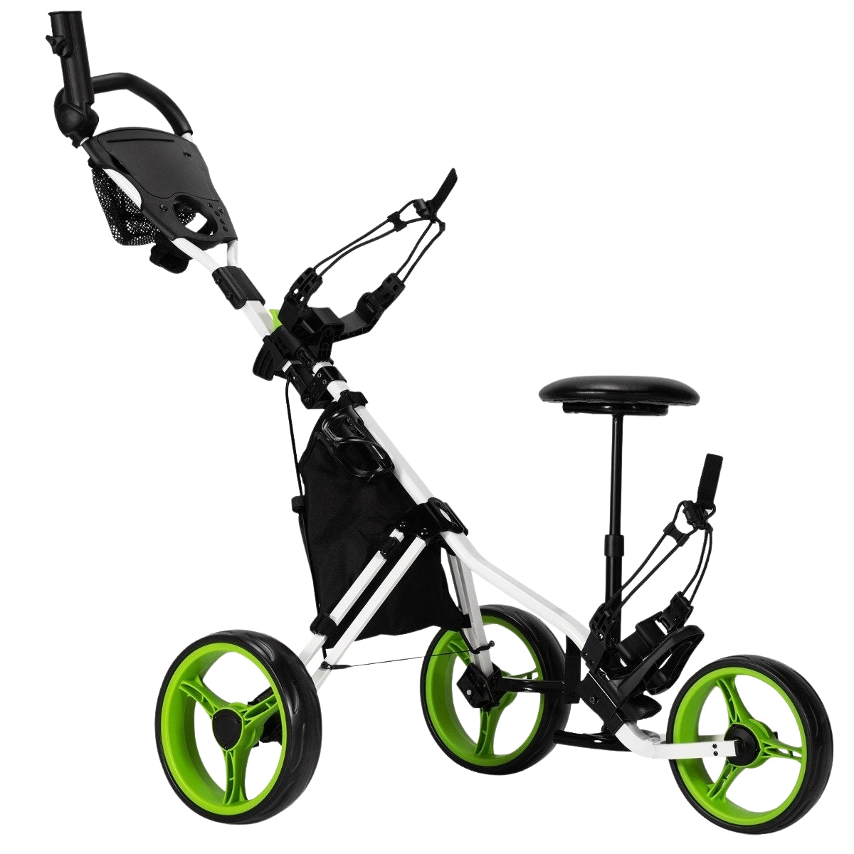 3 wheel golf trolley made of aluminum with umbrella holder & seat folding golf cart golf caddy green
