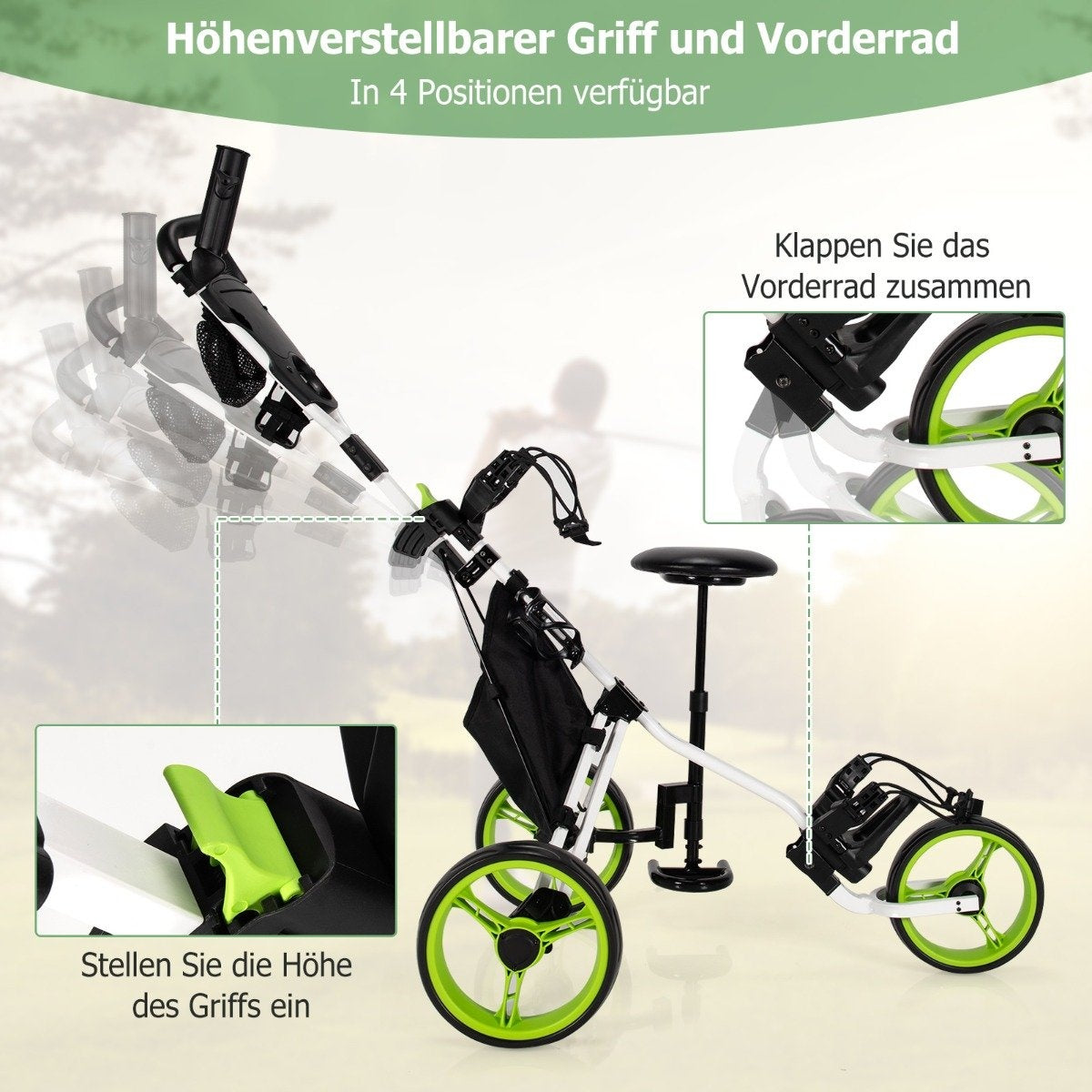 3 wheel golf trolley made of aluminum with umbrella holder & seat folding golf cart golf caddy green