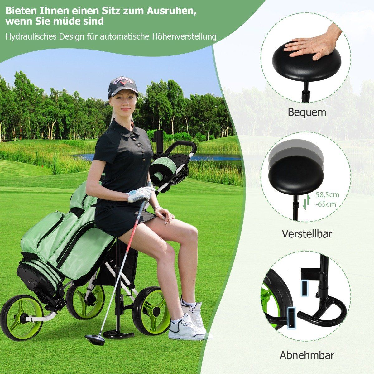 3 wheel golf trolley made of aluminum with umbrella holder & seat folding golf cart golf caddy green