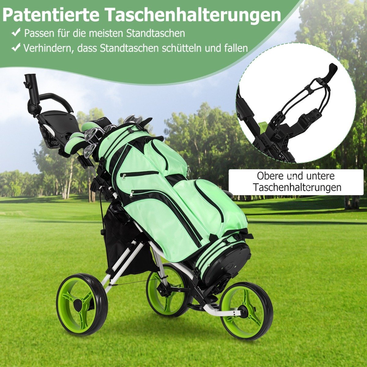 3 wheel golf trolley made of aluminum with umbrella holder & seat folding golf cart golf caddy green
