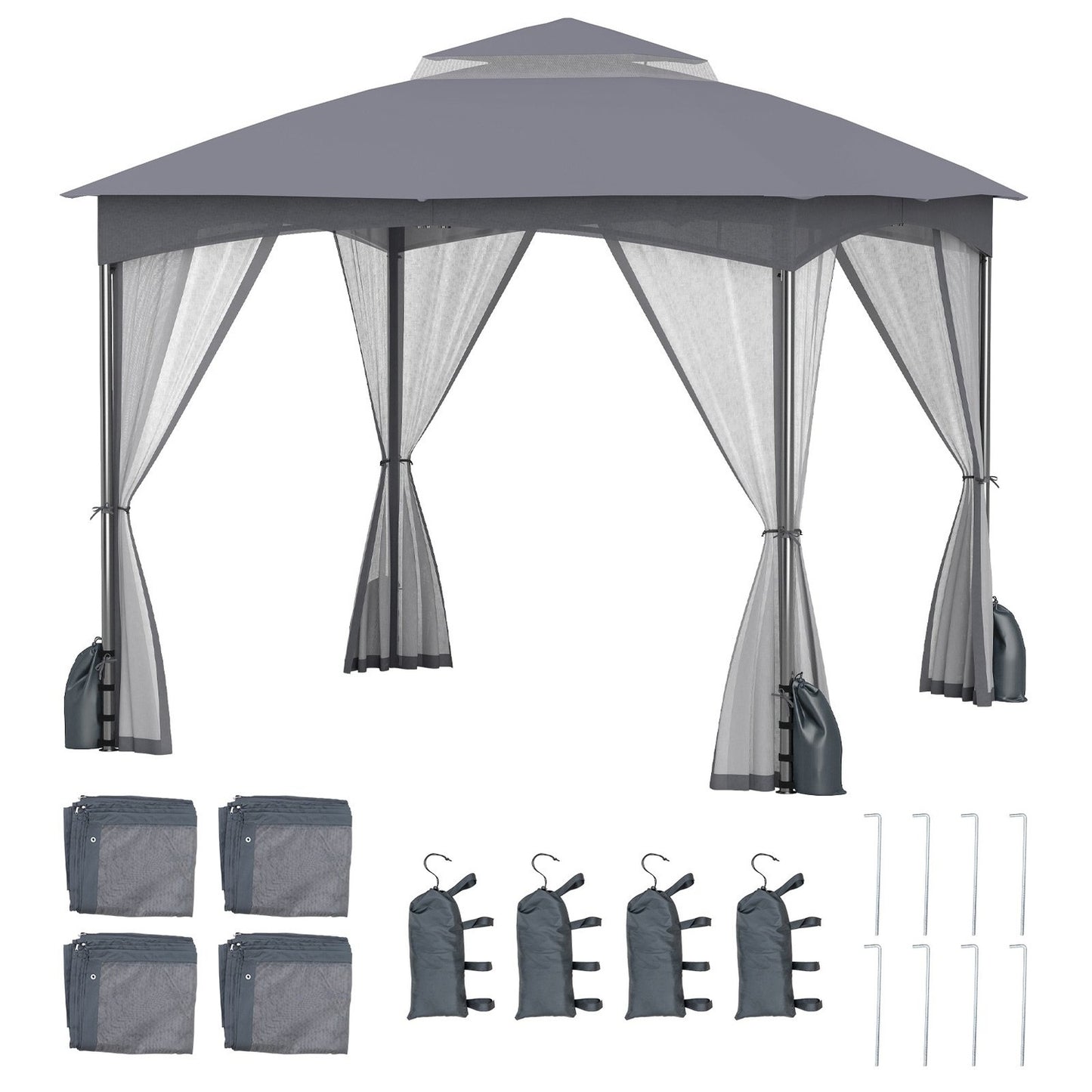 3x3 m Gazebo with Mosquito Net, Double Roof, Grey