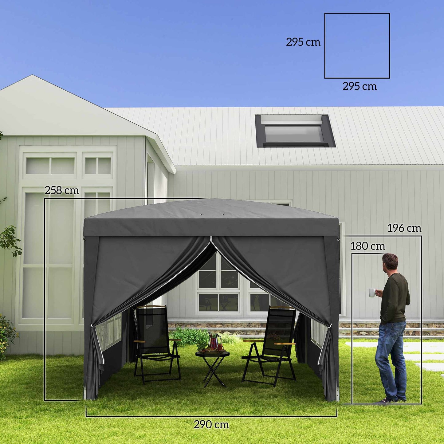 3 x 3 m Pavilion with 4 Sidewalls, UV Protection, Gray