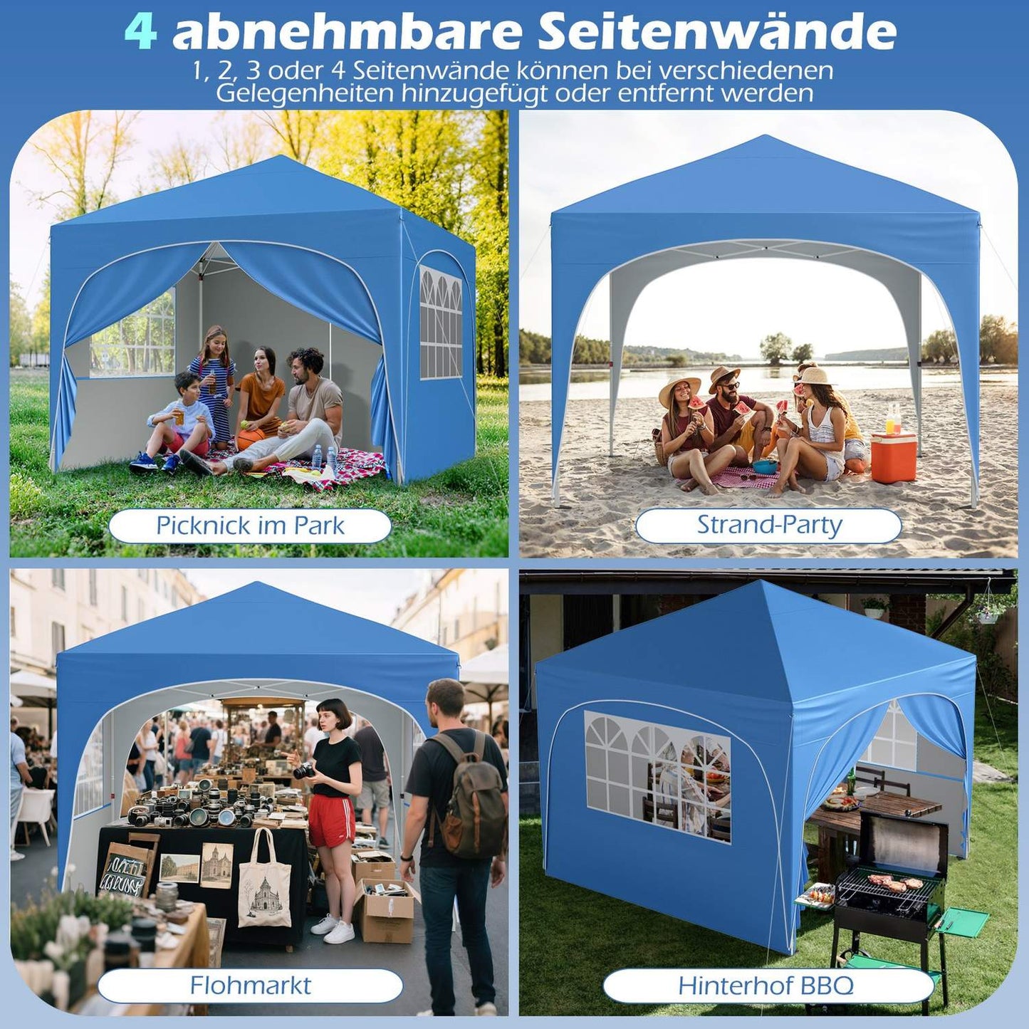 3x3 m Pop-Up Canopy Tent, 4 Removable Walls, Blue