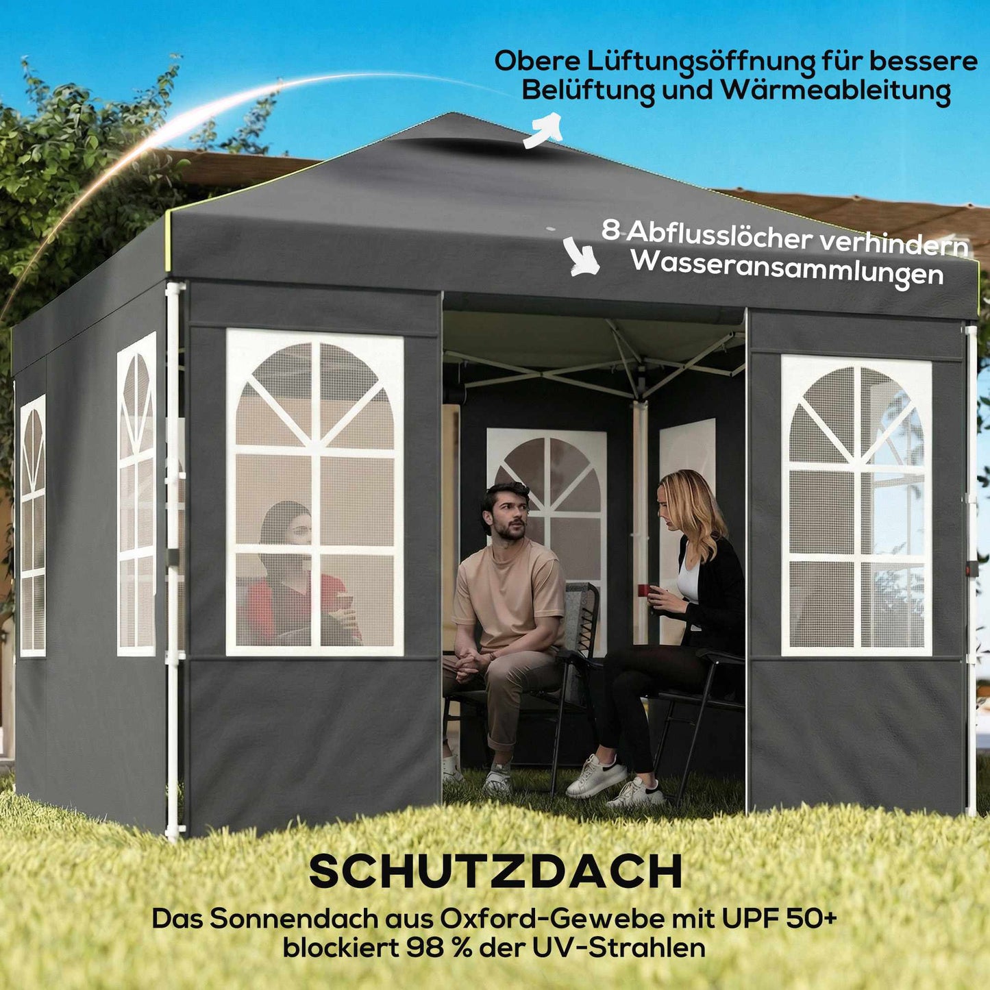 3x3m Pop-Up Pavilion, UPF 50+ Oxford Fabric, Dark Grey