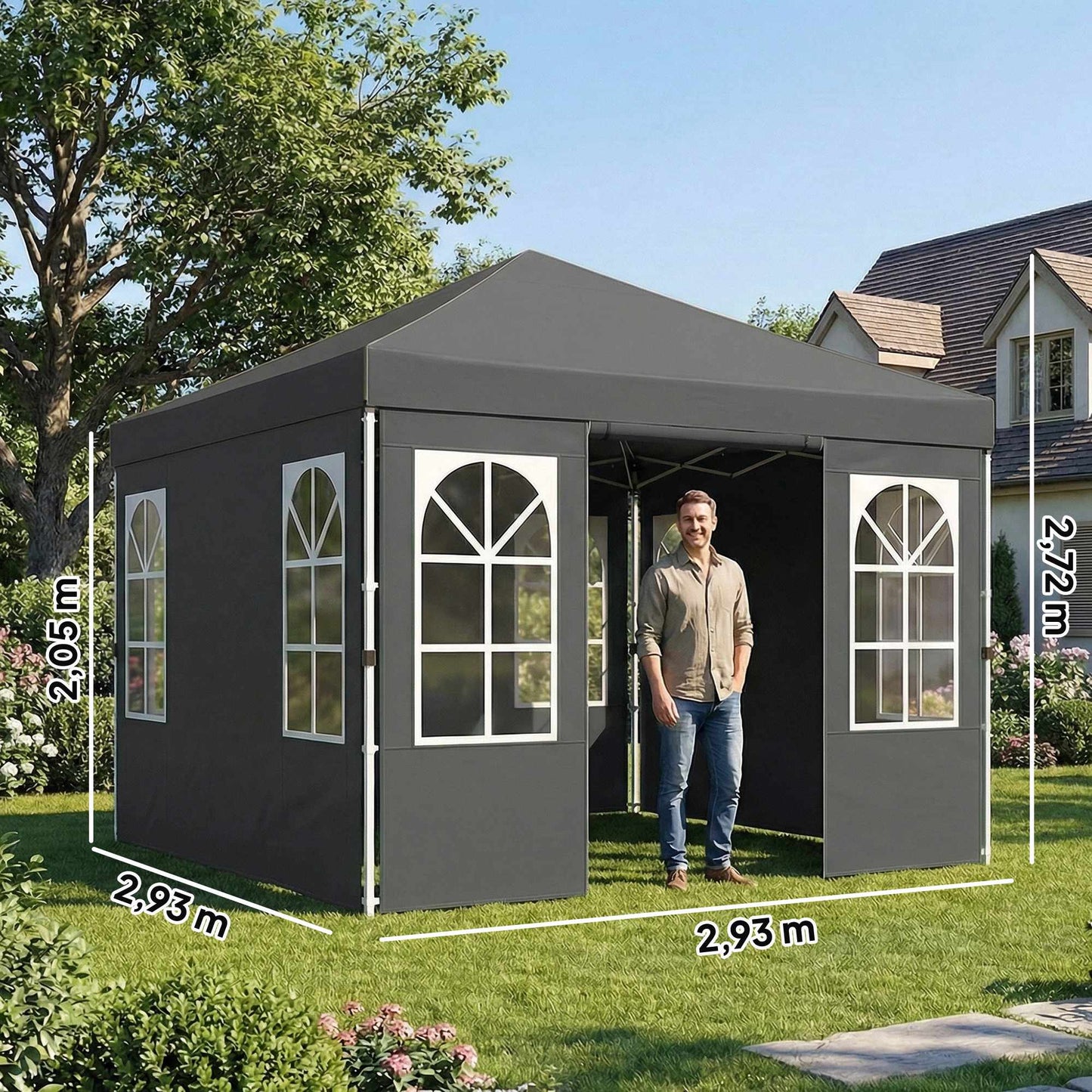 3x3m Pop-Up Pavilion, UPF 50+ Oxford Fabric, Dark Grey