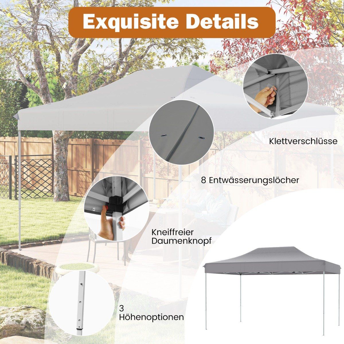 3 x 4.5 m Pop-Up Pavilion with Wheels & Ropes, Adjustable Height