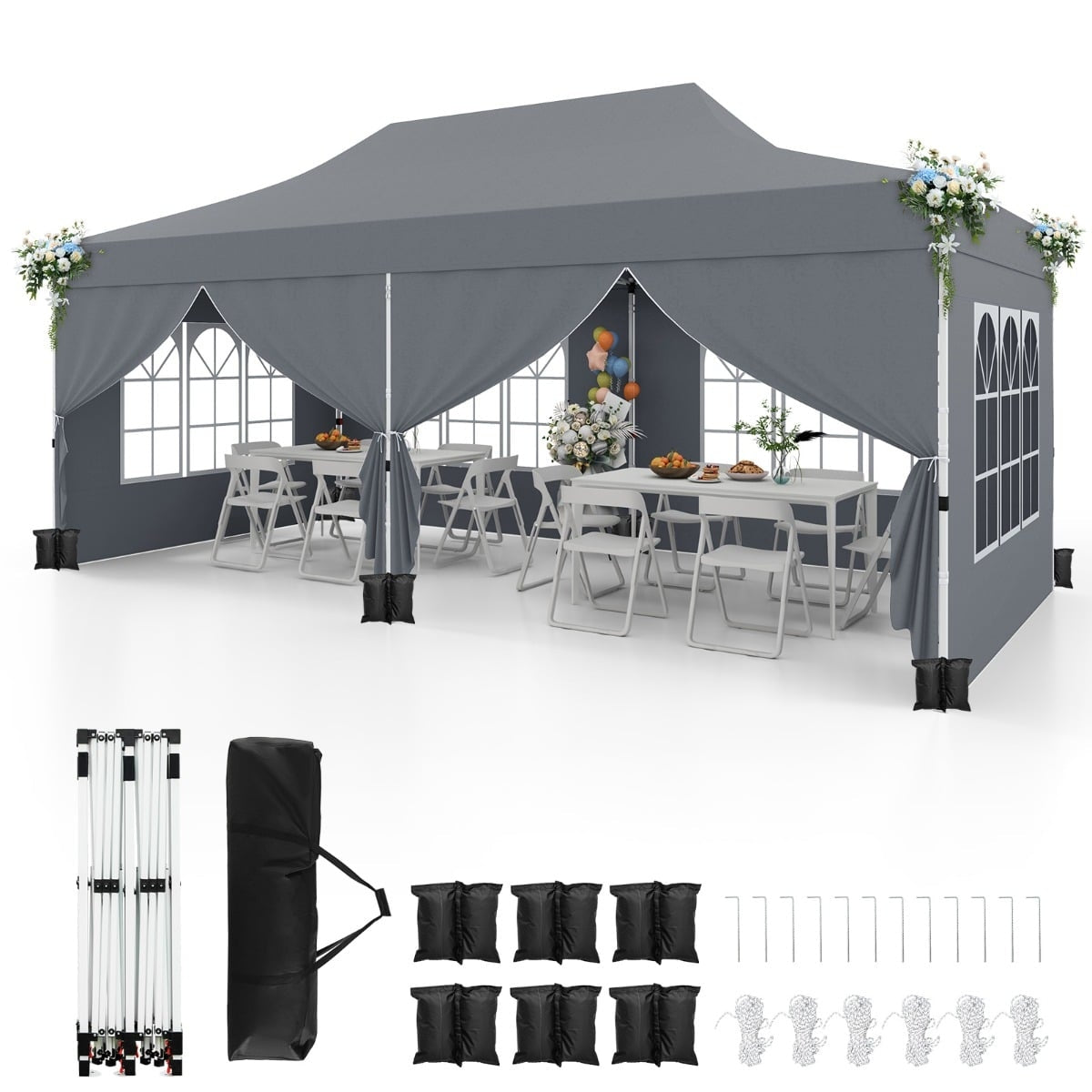 3x6m Grey Pop-Up Canopy Tent with 6 Removable Walls