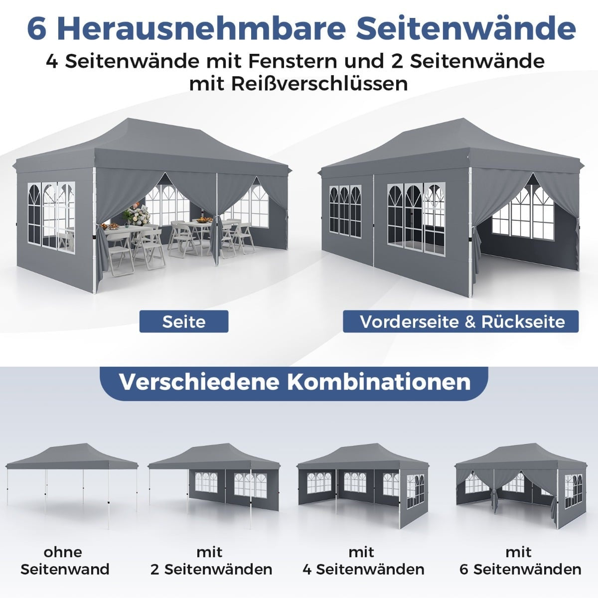 3x6m Grey Pop-Up Canopy Tent with 6 Removable Walls
