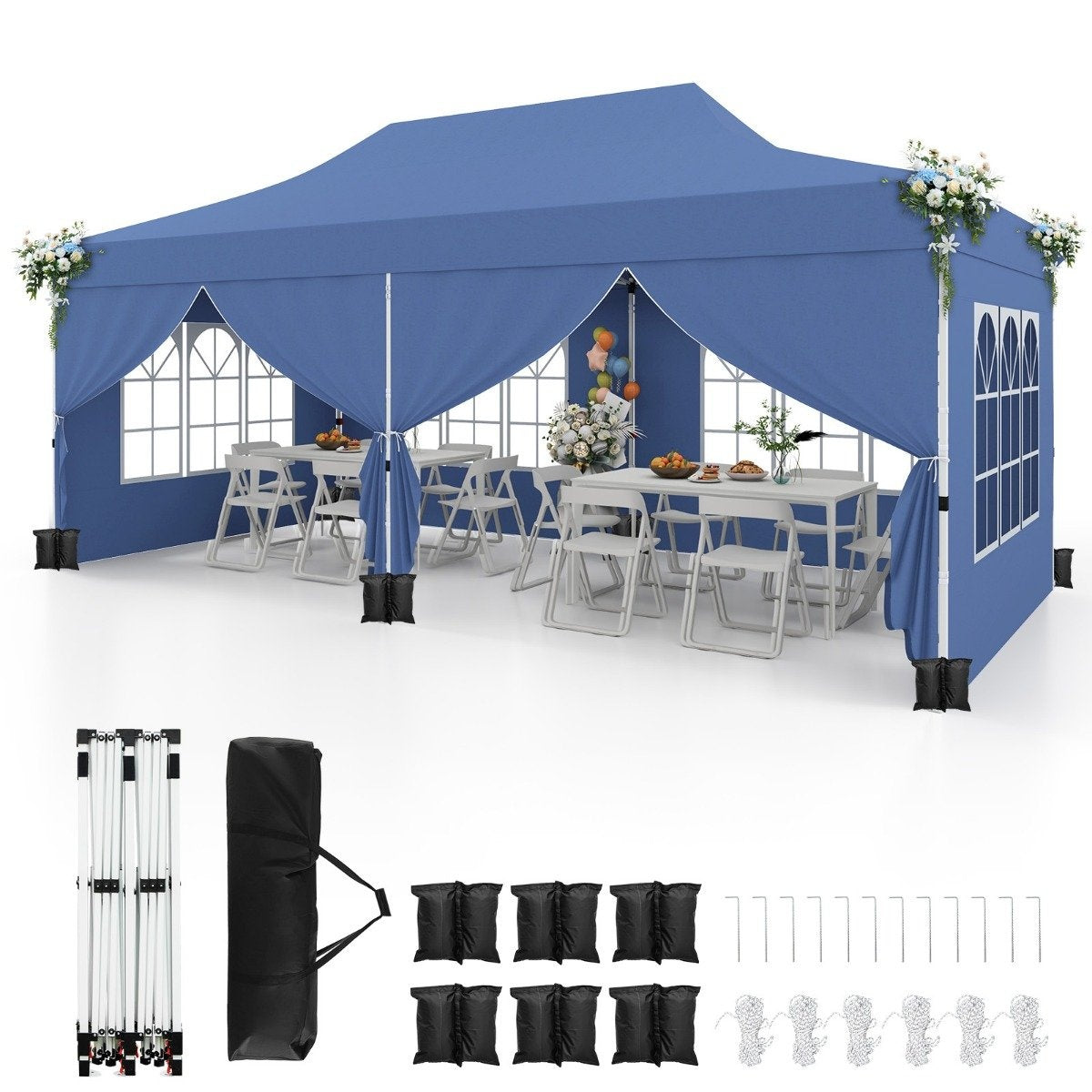 3x6m Pop-Up Canopy Tent with 6 Sidewalls & Sandbags