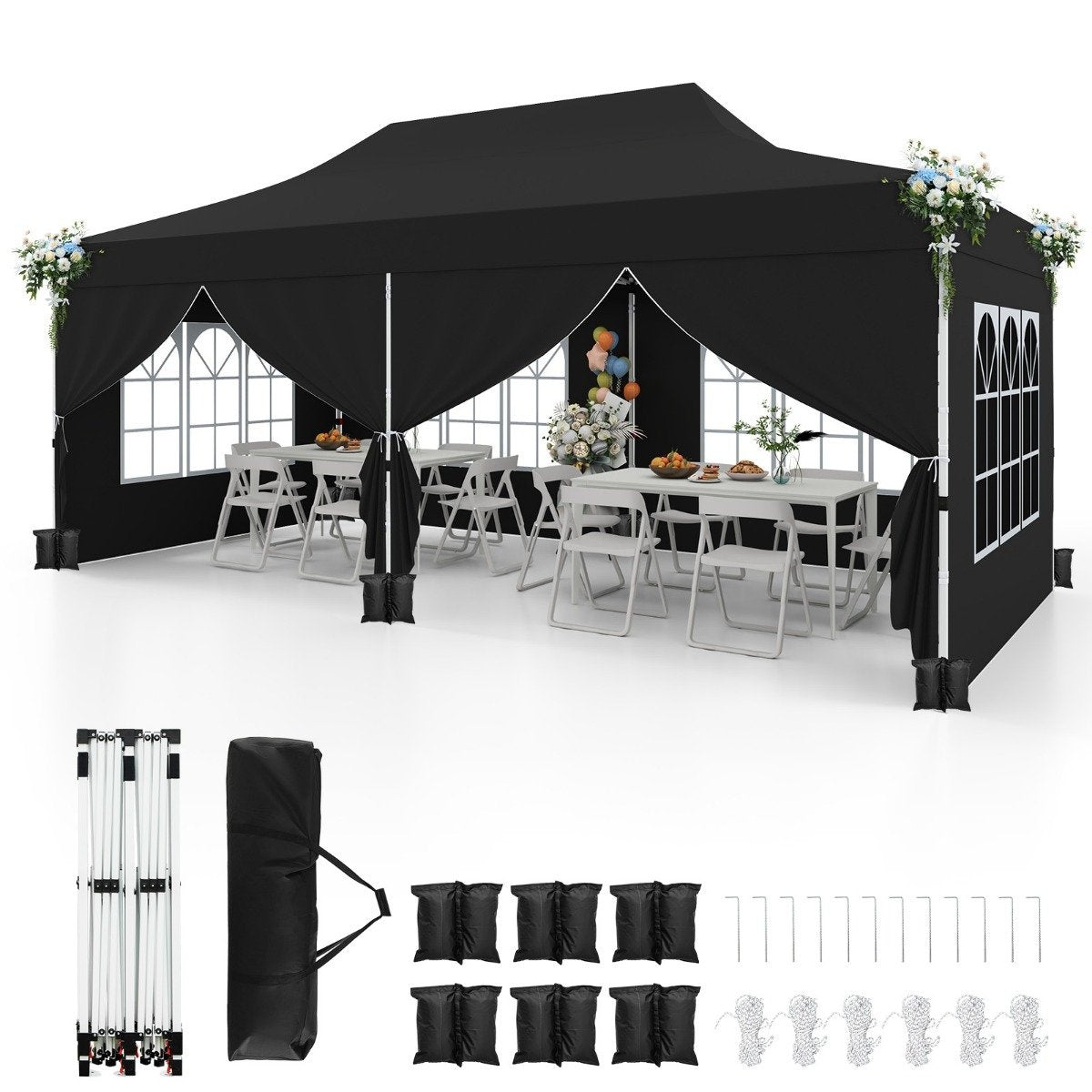 3x6 m Pop-Up Canopy Tent with Removable Walls, Black
