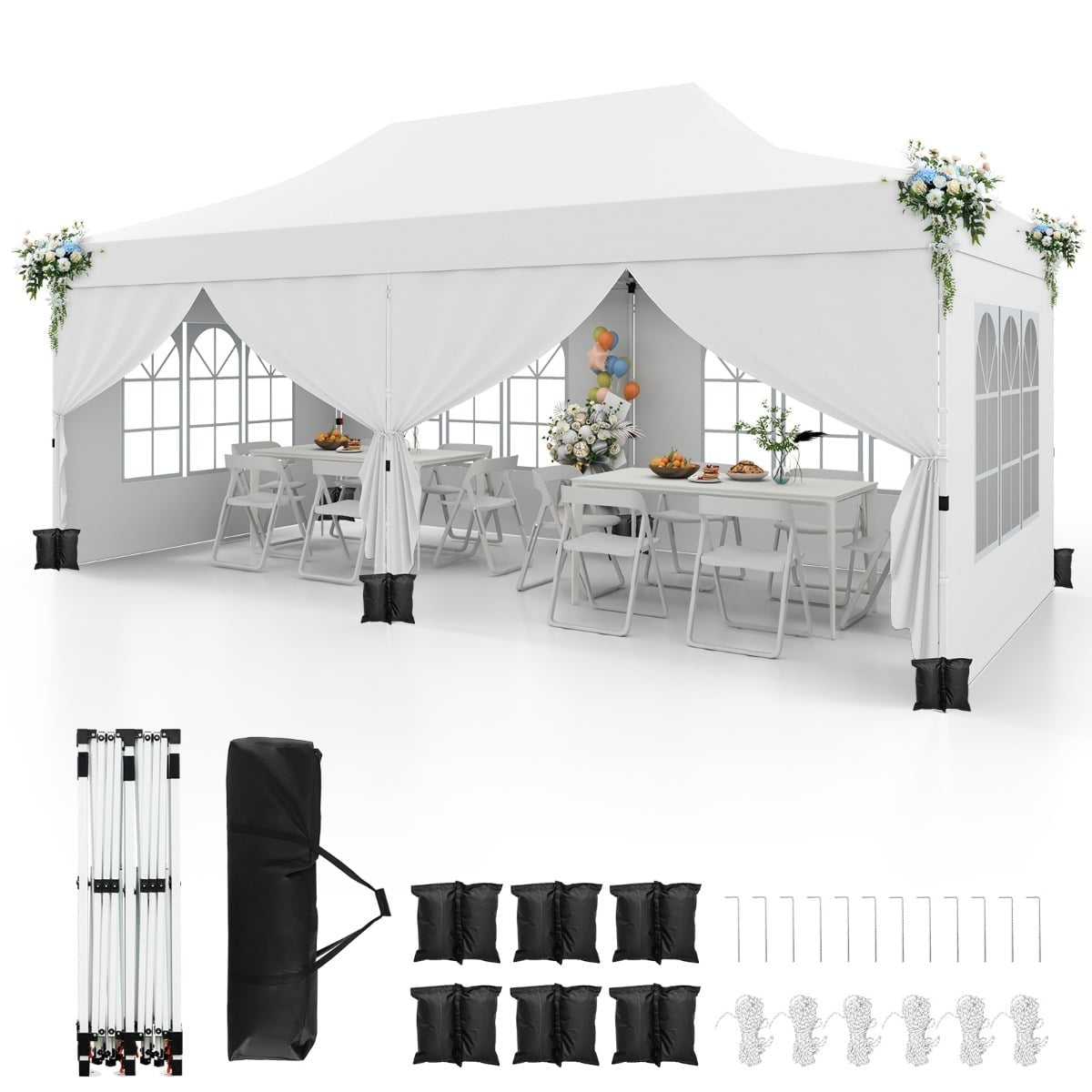 3x6m White Pop-Up Canopy Tent with Removable Walls