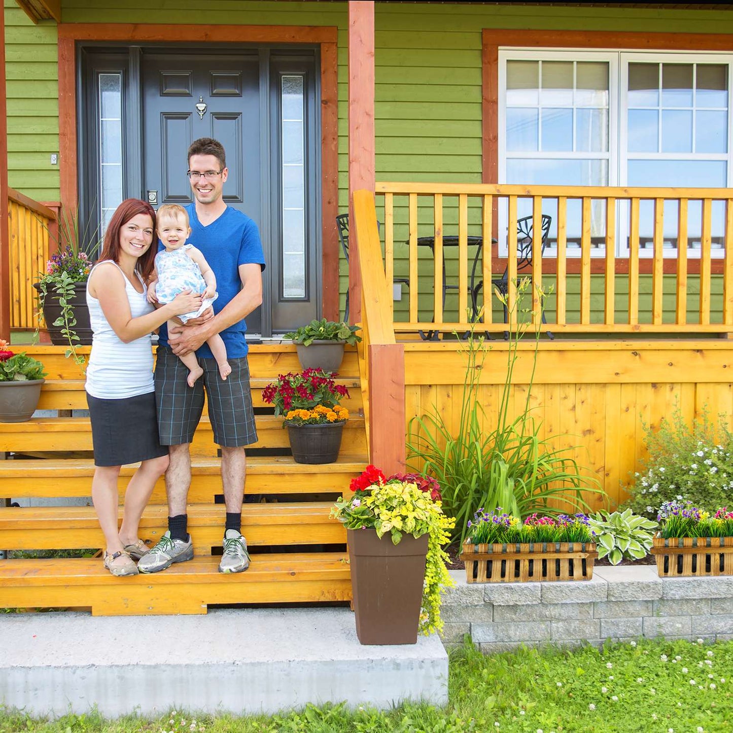 3x Flower Boxes in Wooden Fence Look