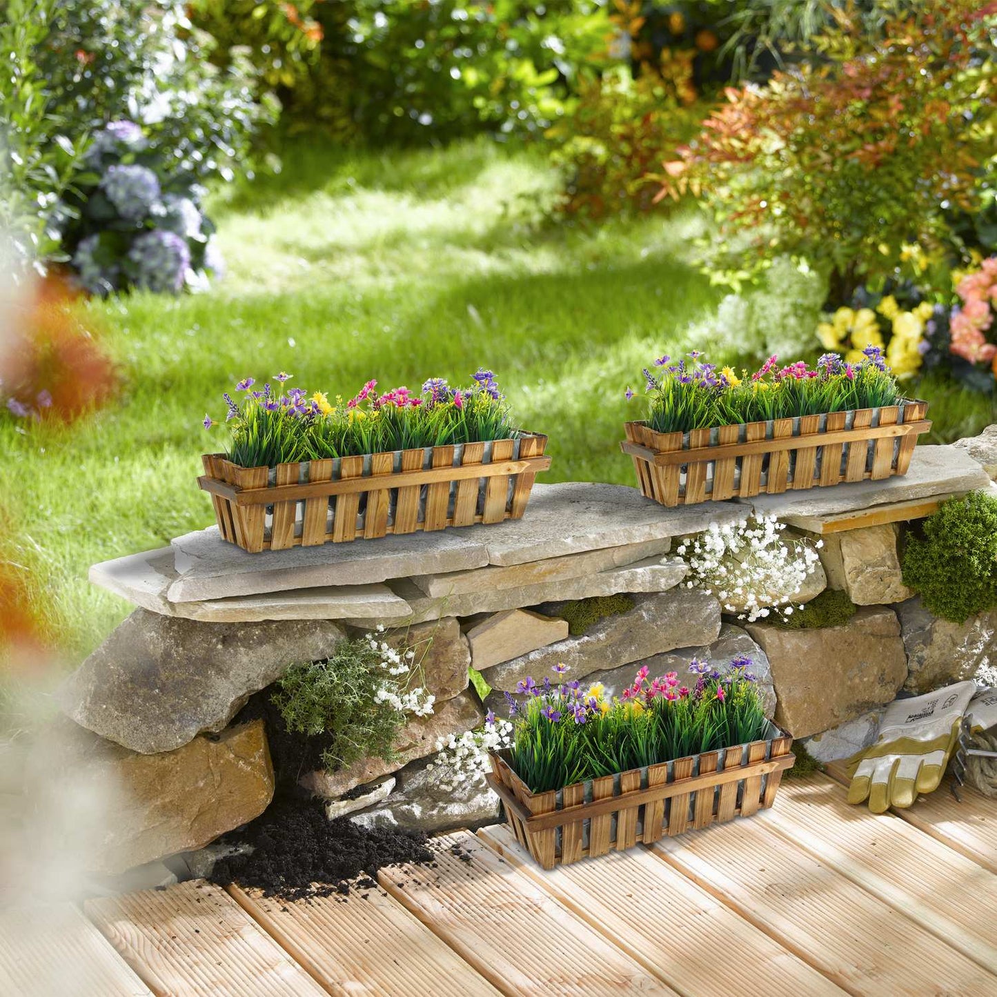 3x Flower Boxes in Wooden Fence Look