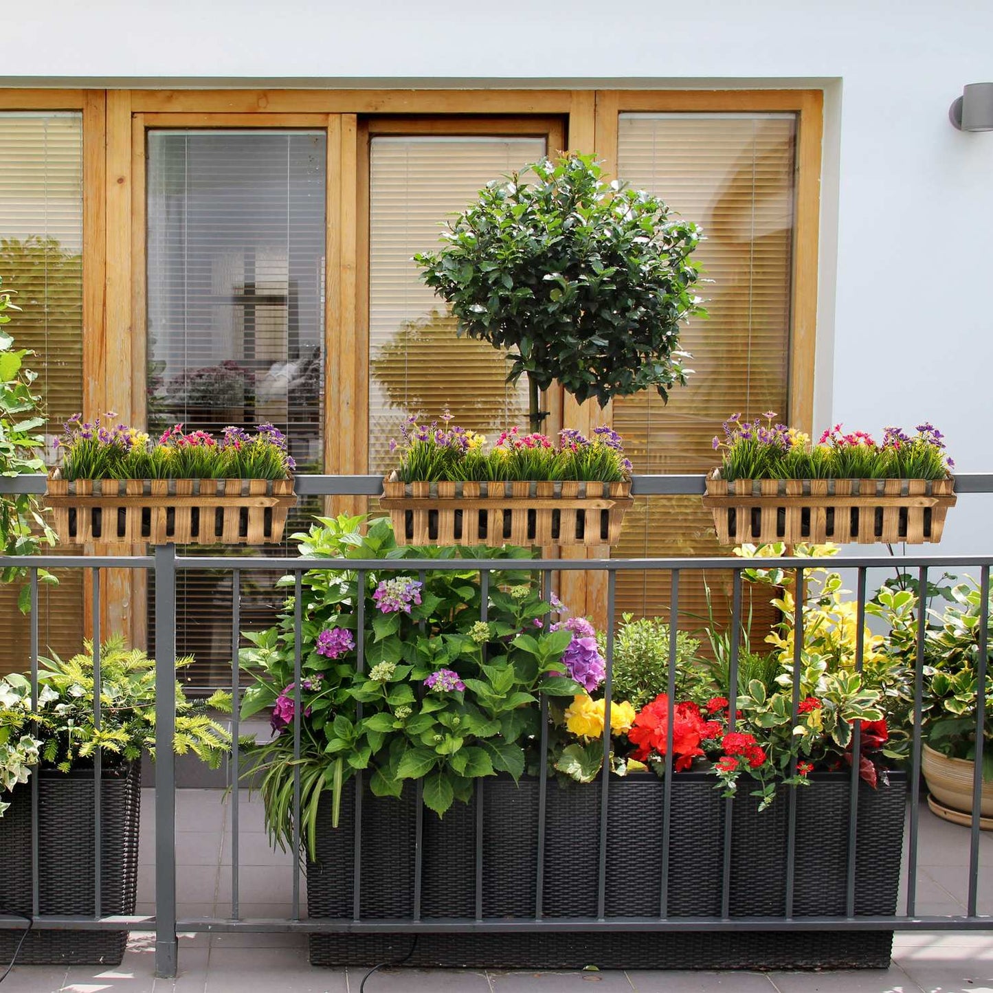 3x Flower Boxes in Wooden Fence Look