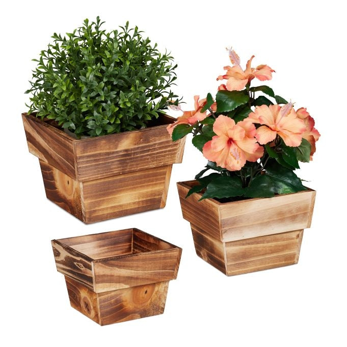 3x Wooden Square Plant Pots