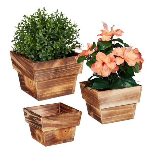 3x Wooden Square Plant Pots