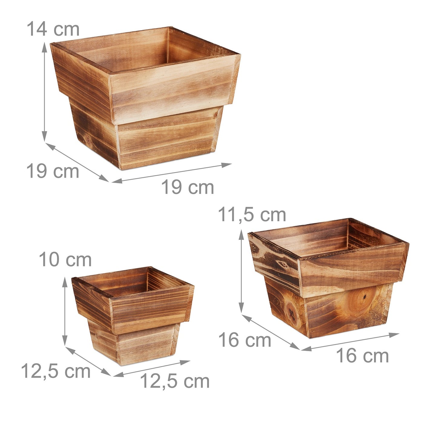 3x Wooden Square Plant Pots