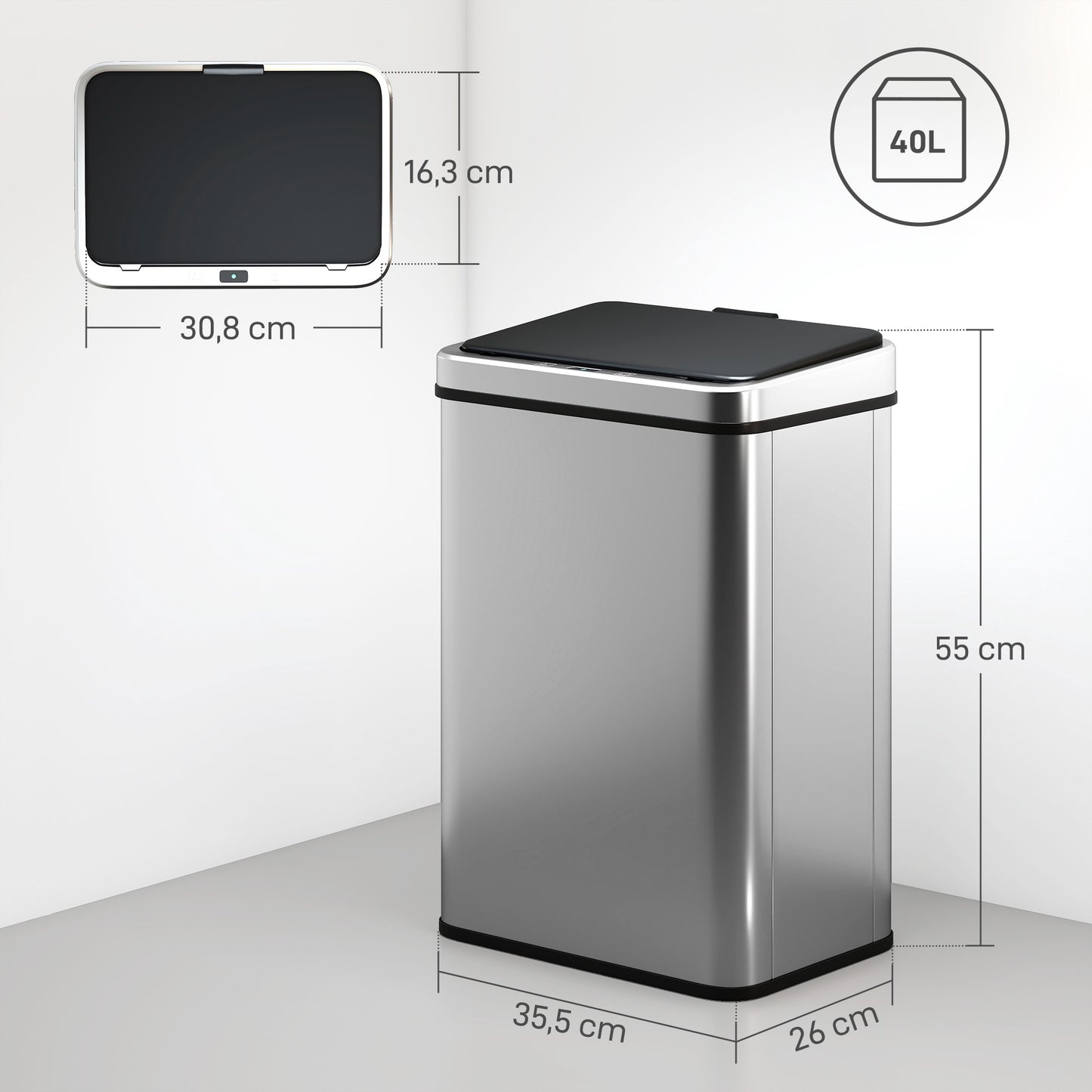 40L Touchless Sensor Trash Can, Stainless Steel