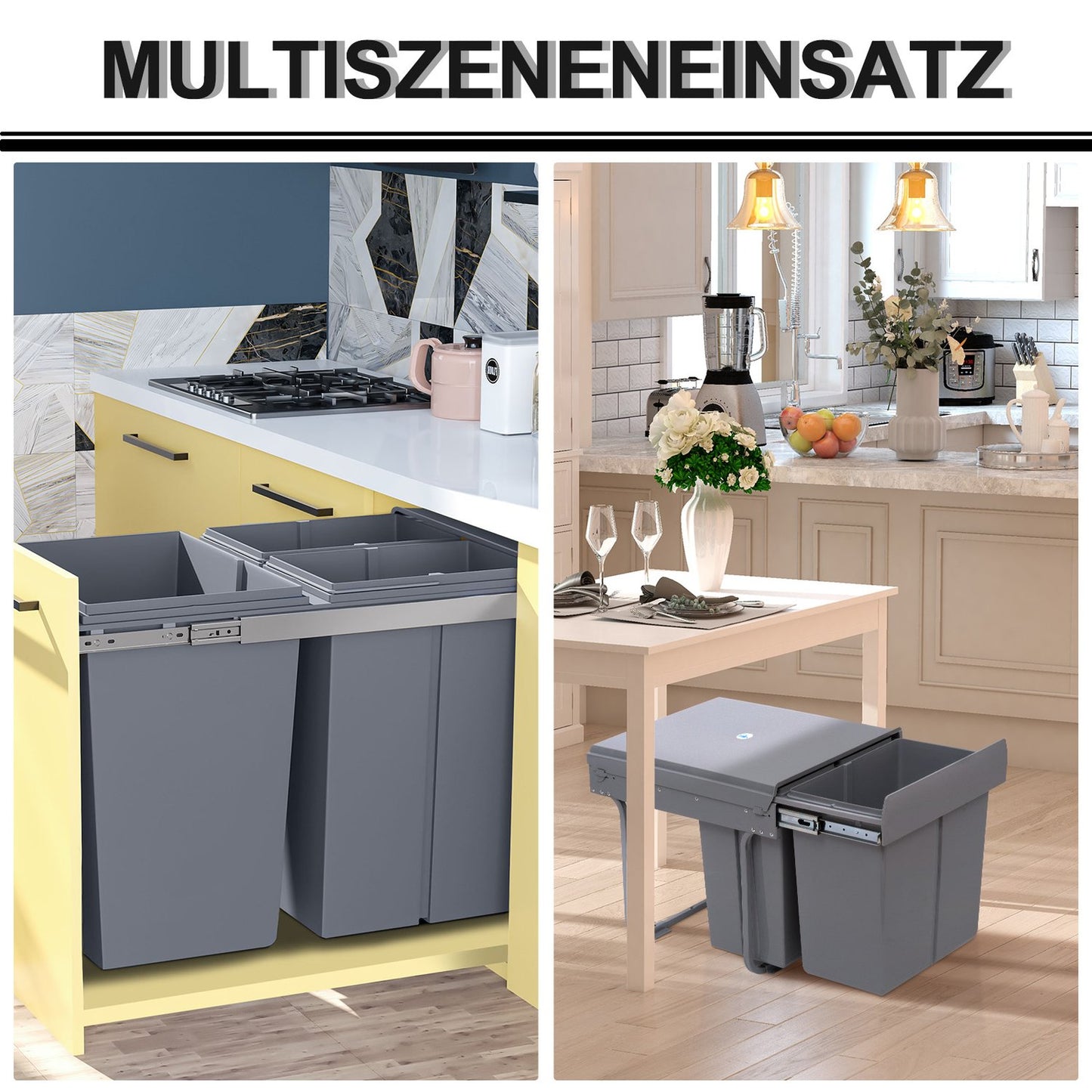 40L pull-out waste container with 3 compartments for kitchens