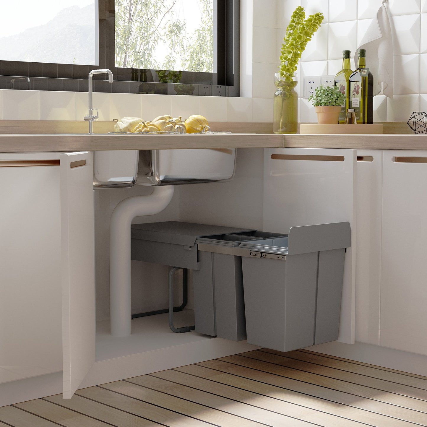 40L pull-out waste container with 3 compartments for kitchens