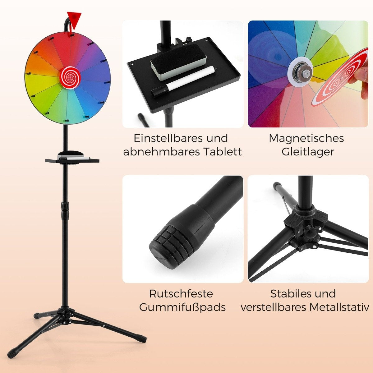 Ø 40 cm wheel of fortune with tripod floor stand. Height-adjustable prize wheel with shelf