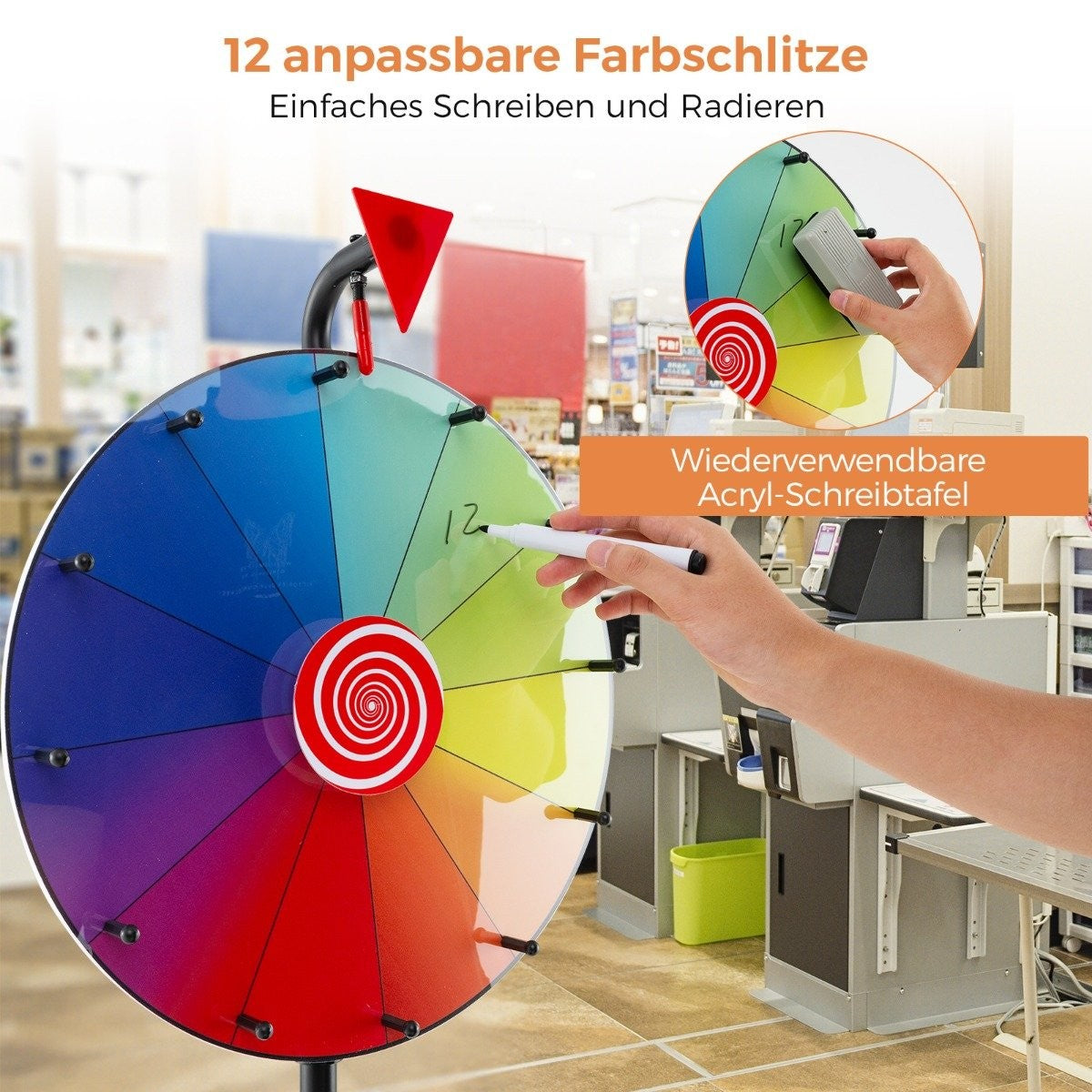 Ø 40 cm wheel of fortune with tripod floor stand. Height-adjustable prize wheel with shelf