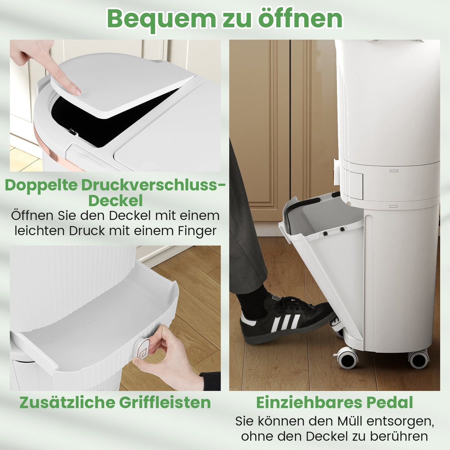 42L Kitchen Trash Can with Lid – 3-Tier Sorter, White