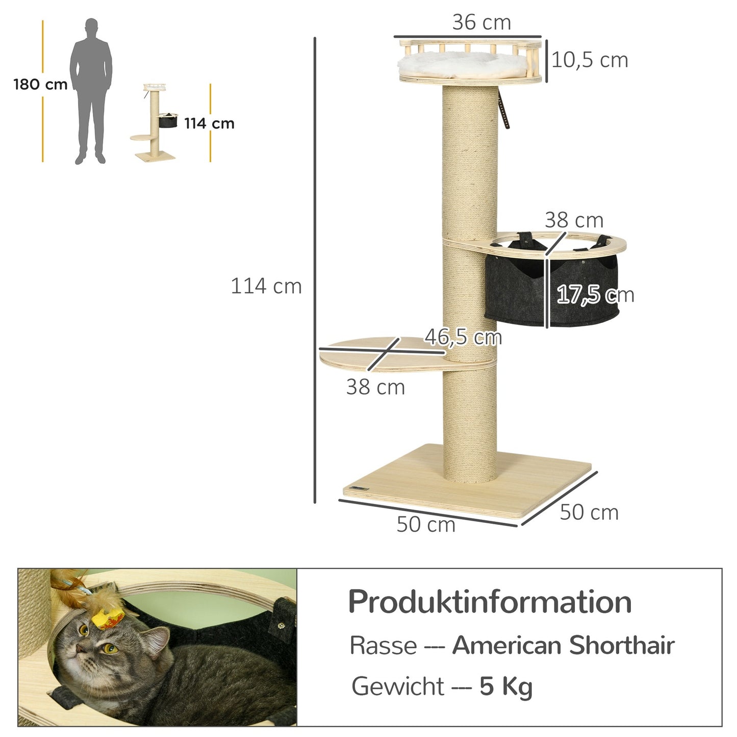 Cat Tree Climbing Tower – 45"" with hammock and bed