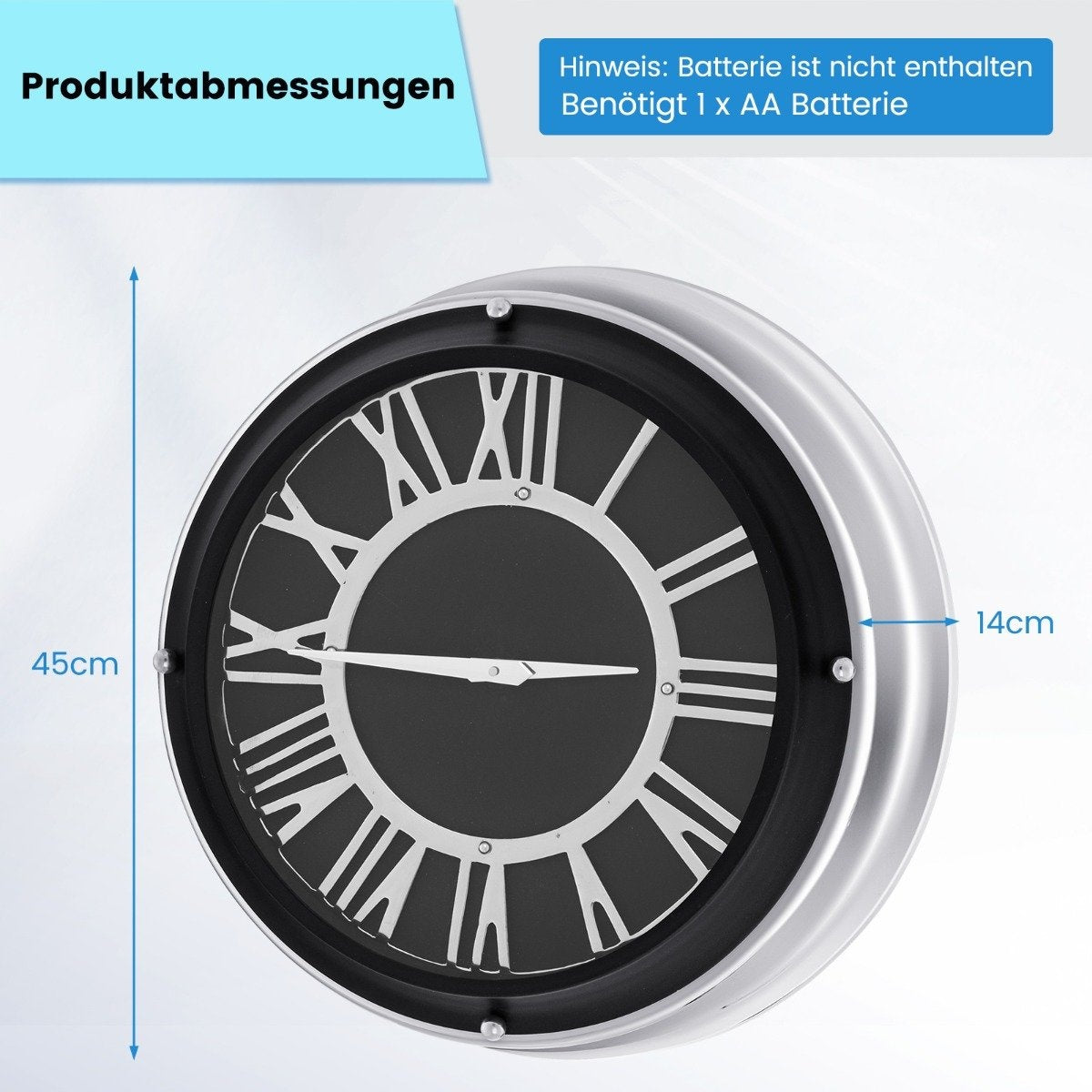 Ø 45 cm quiet wall clock with silver frame &amp; Roman dial without ticking noises - Ø 45 cm