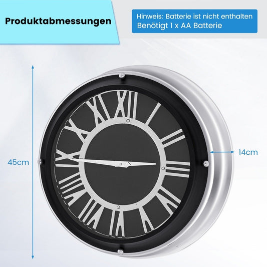 Ø 45 cm quiet wall clock with silver frame &amp; Roman dial without ticking noises - Ø 45 cm