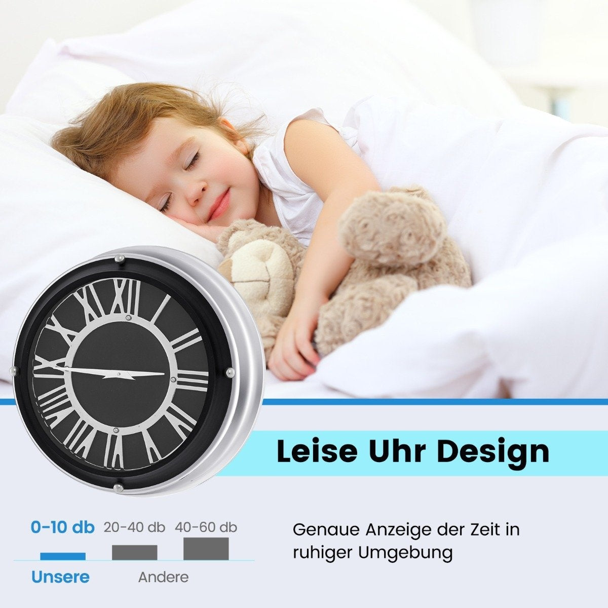 Ø 45 cm quiet wall clock with silver frame &amp; Roman dial without ticking noises - Ø 45 cm