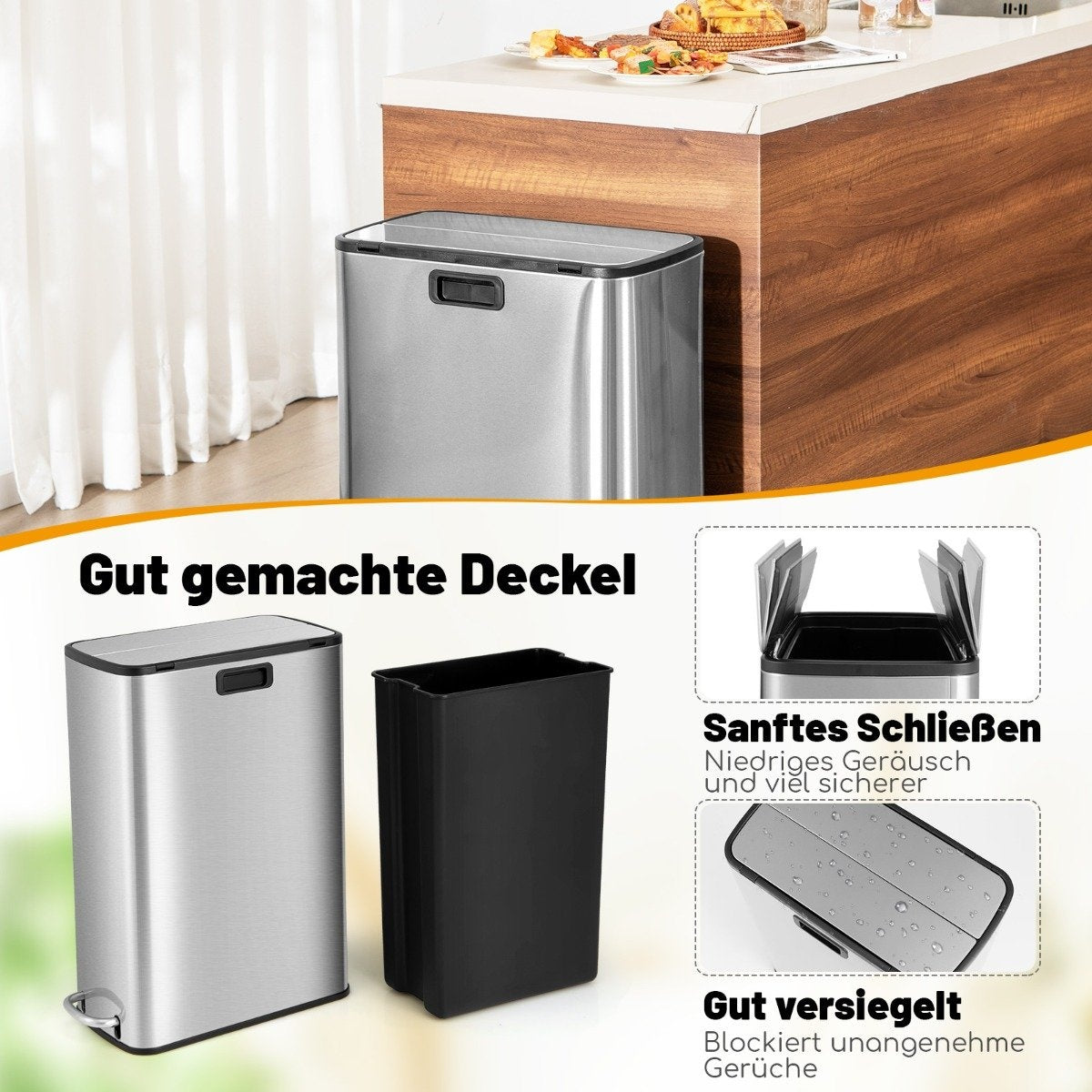 46L Stainless Steel Trash Can with Soft-Close Lid