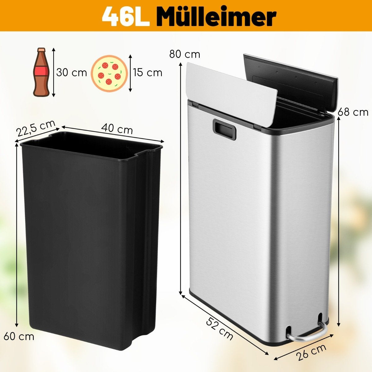 46L Stainless Steel Trash Can with Soft-Close Lid