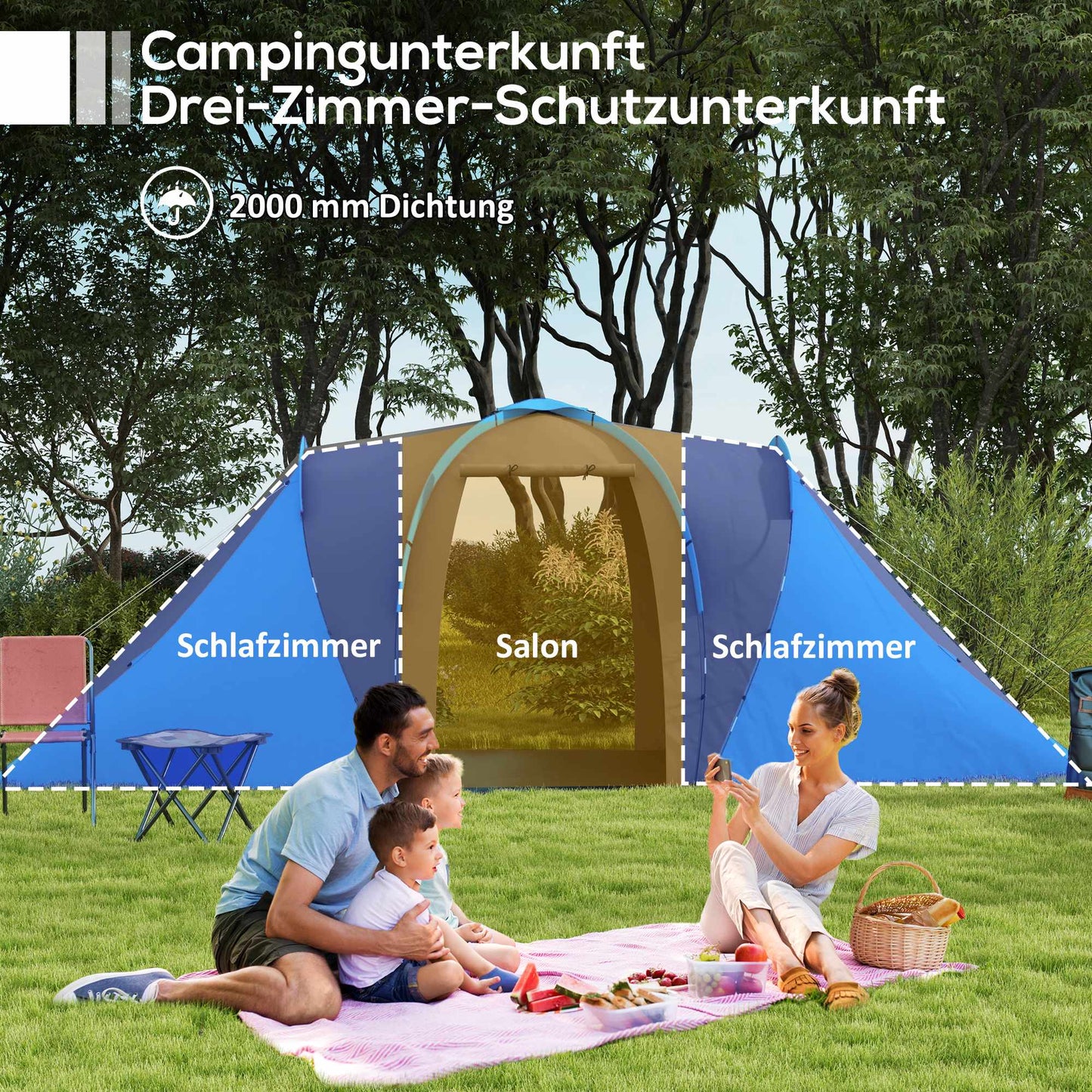 4-6 Person Tunnel Tent, 2 Bedrooms, Waterproof 2000mm