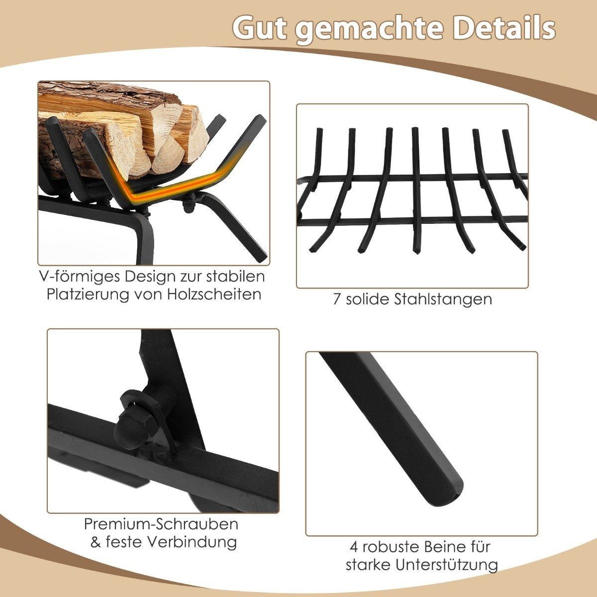 46 cm long fireplace grate robust wrought iron firewood holder with thick iron rods 46 x 38 x 20 cm black