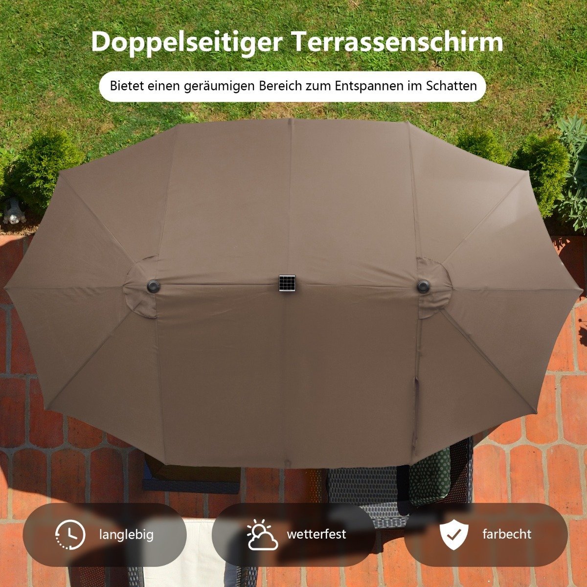 470cm Large Double Patio Umbrella with 48 Solar LED Lights & Crank Outdoor Umbrella Brown