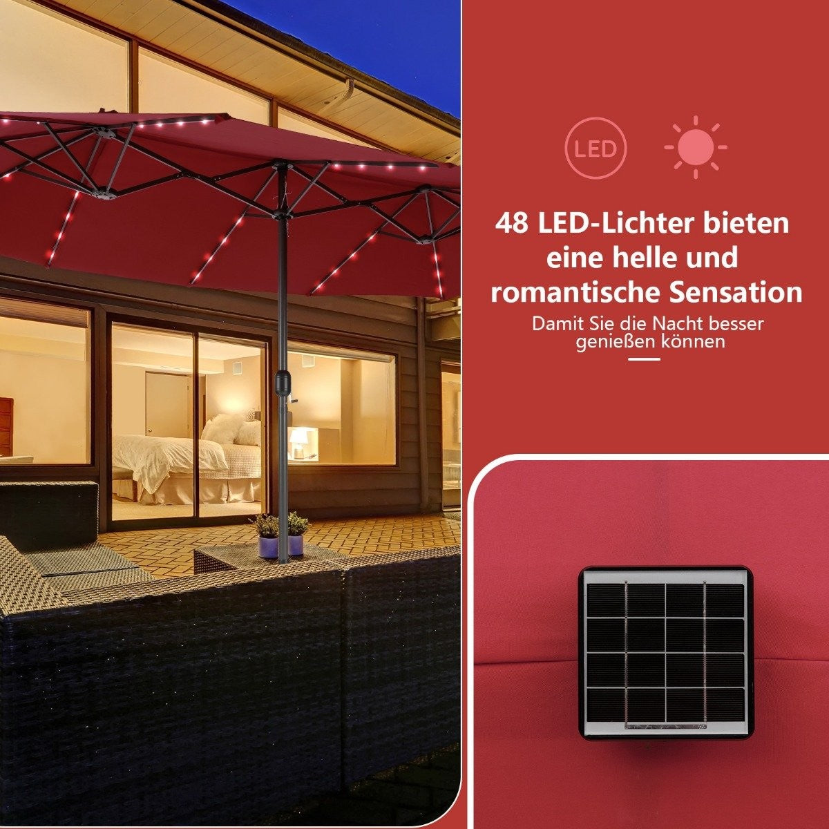 470cm Large Double Patio Umbrella with 48 Solar LED Lights & Crank Outdoor Umbrella Red