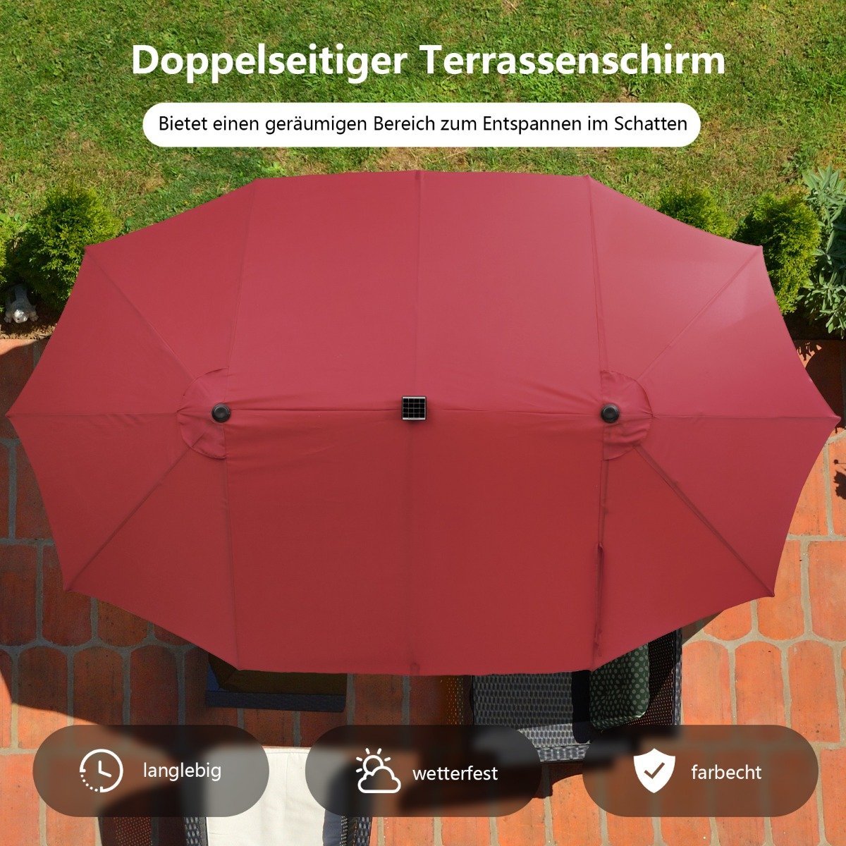 470cm Large Double Patio Umbrella with 48 Solar LED Lights & Crank Outdoor Umbrella Red