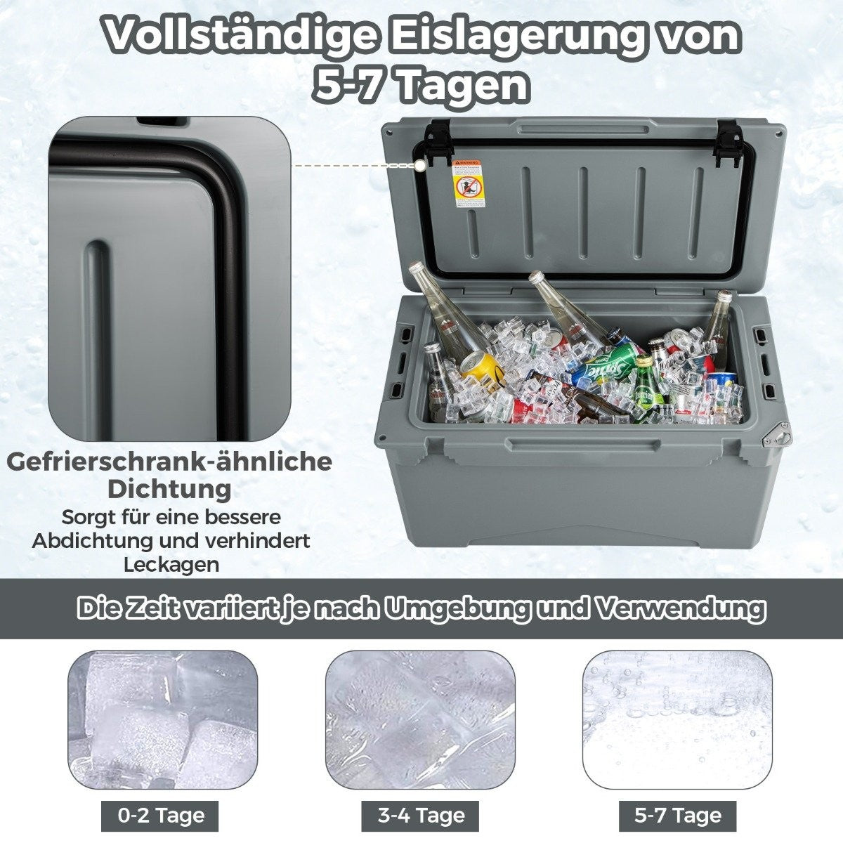 47L insulated box cool box portable heat container with bottle opener and drainage system 69 x 37 x 42 cm gray