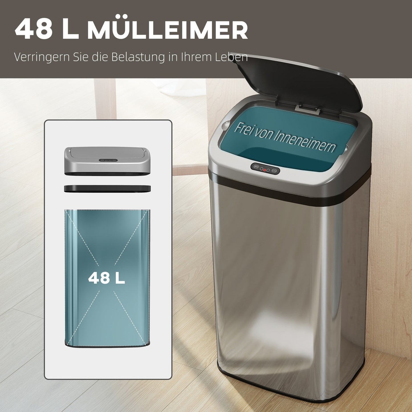 48L Sensor Trash Can, Auto-Close, Stainless Steel