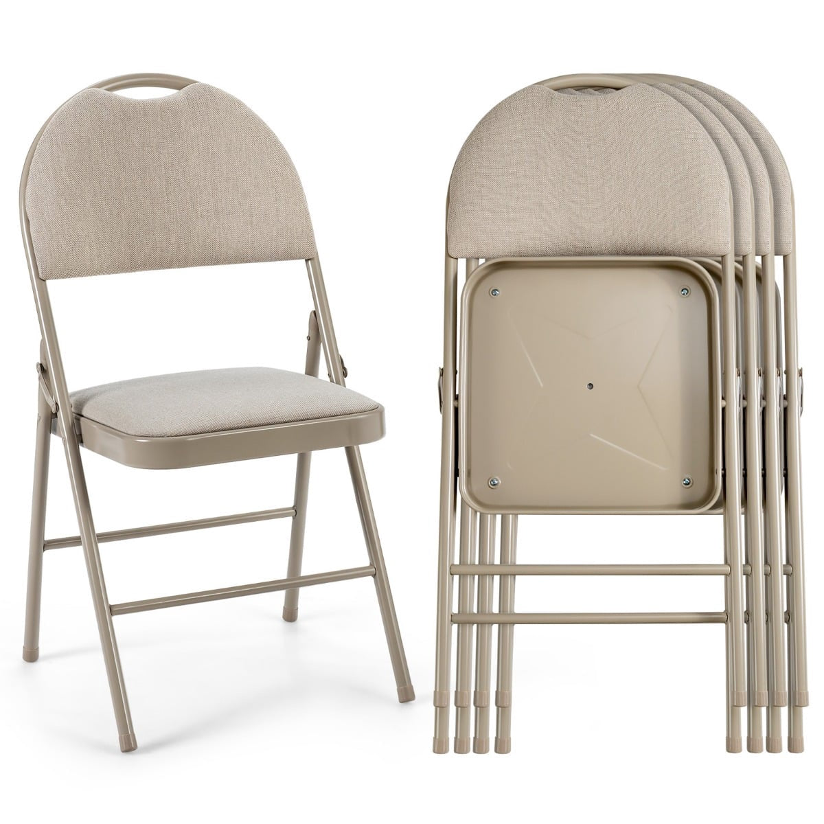 4 Beige Folding Chairs, Metal Frame, Padded Seat