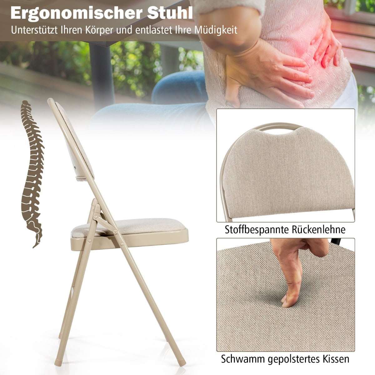 4 Beige Folding Chairs, Metal Frame, Padded Seat