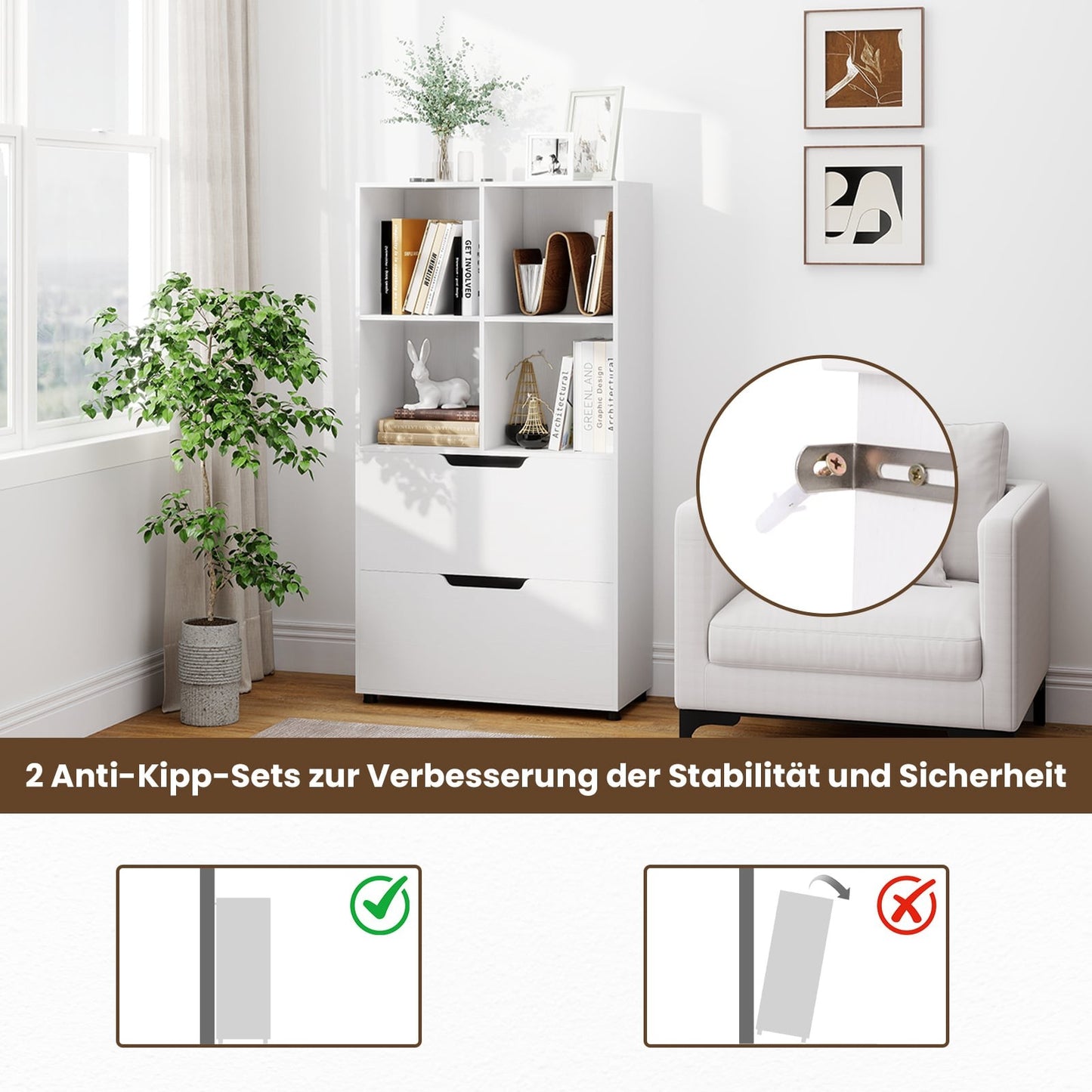 4-Cube Bookshelf with 2 Drawers, 130 cm, White