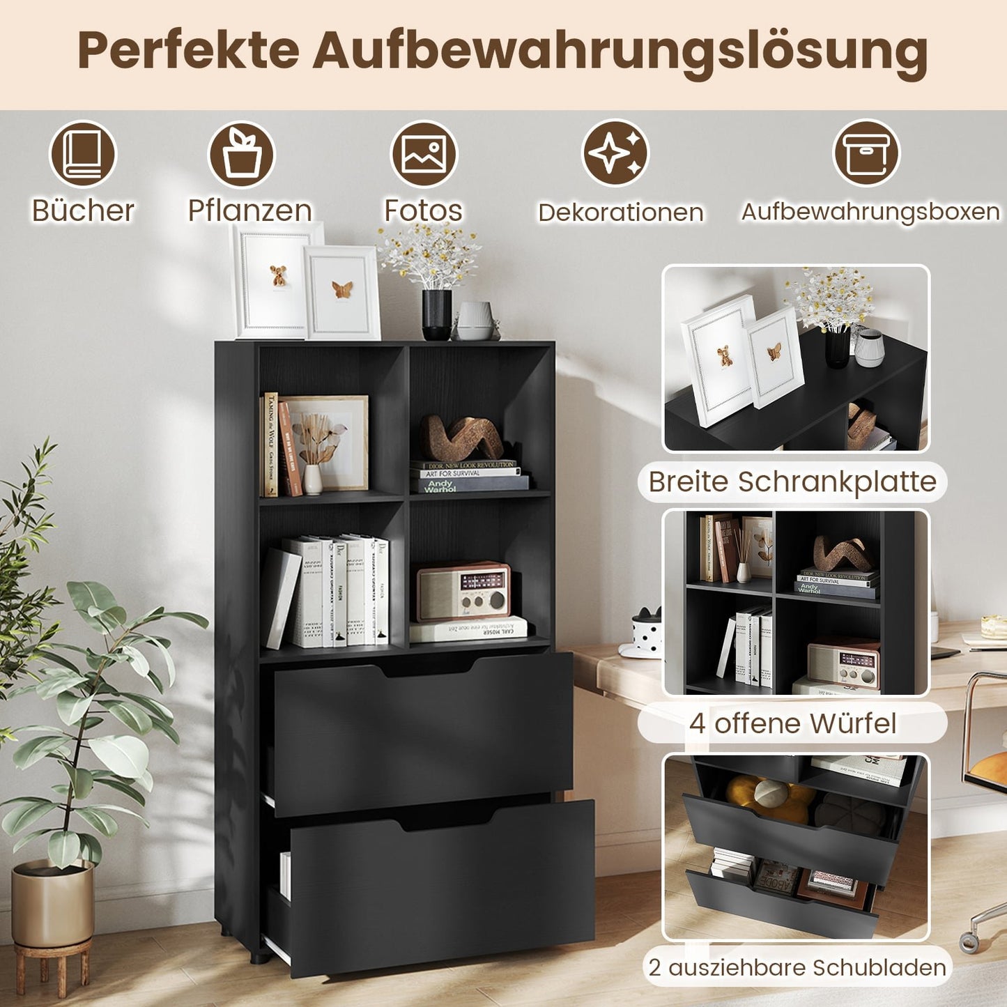 4-Cube Bookshelf with 2 Drawers, Black, 130 cm