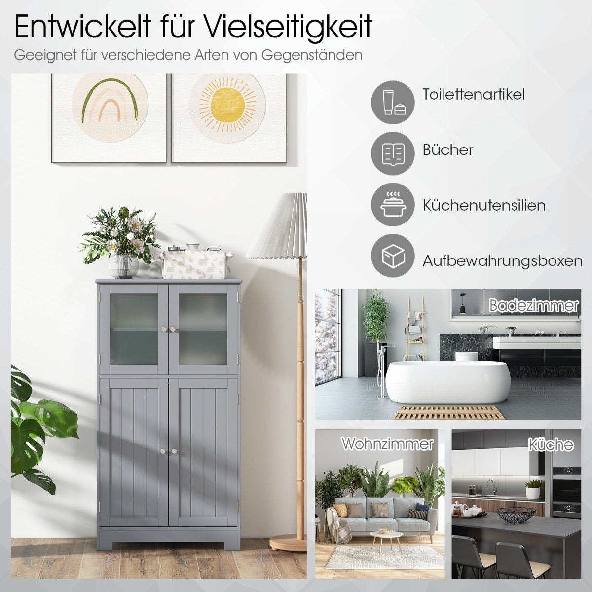 4 Door Bathroom Cabinet with Glass Doors & Adjustable Shelf Kitchen Cabinet Gray